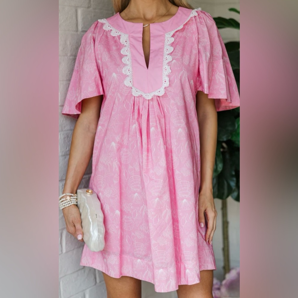 Mint Julep Boutique Pink White Ditzy Lacy Floral Cotton Dress Pockets Large NWT - Picture 4 of 10